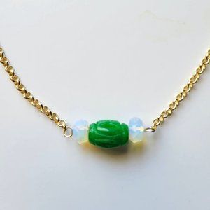 NEW Vintage Hollow Carved Barrel Natural Green Burma Jadeite Jade Necklace